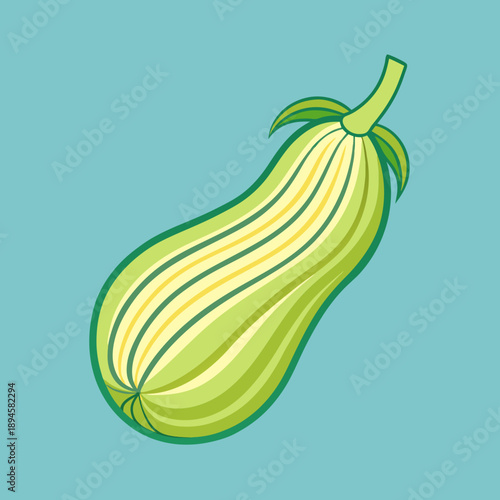 Stylized fresh green striped zucchini vegetable on a calming light blue background