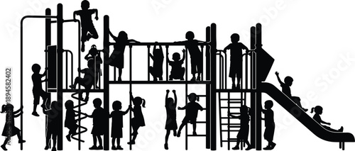 Children playing together on playground equipment, joyful kids silhouettes climbing, sliding and swinging outdoors, active childhood recreation concept, teamwork and fun illustration isolated on white