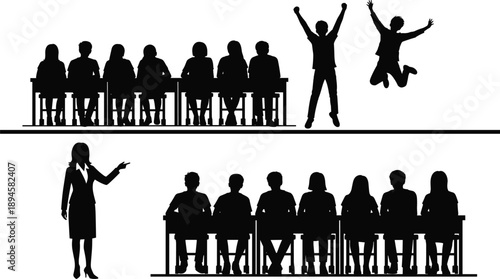 Classroom education silhouette scene showing students sitting at desks, teacher instructing lesson, classroom interaction, learning environment, academic training, school education concept isolated 