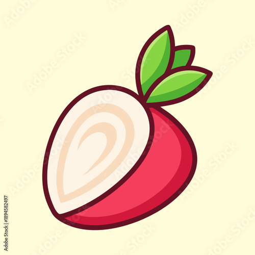 Cartoon illustration of half a radish with leaves on a light background