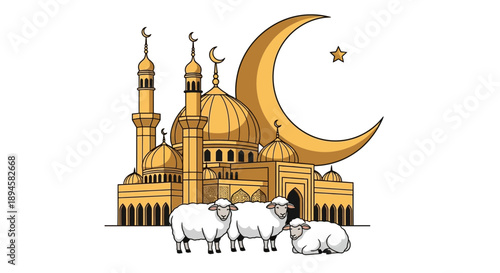 Celebrating eid al adha with mosque and sheep