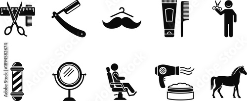 Professional Barber Shop and Grooming Icon Set Featuring Hair Scissors Straight Razor Mustache Symbol Barber Chair and Salon Tools in Black Silhouette Style