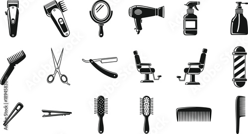 Professional Barber Shop and Hair Salon Icon Set Featuring Clippers Hair Dryers Scissors Razors Barber Chairs and Combs in Minimalist Black Silhouette Style