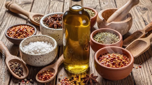 Culinary Harmony: An inviting composition of aromatic herbs and spices, nestled amidst wooden spoons and bowls, along with a bottle of golden oil, inviting the taste buds to savor their rich flavors.