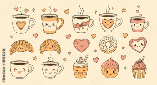 Cozy Cafe Doodle Set icons Seamless Pattern Design