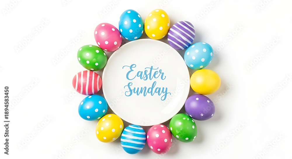 Obraz premium Colorful easter eggs arranged in a circle with easter sunday text