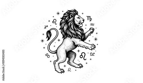 Hand drawn Leo zodiac sign lion sketch engraving style black and white vector