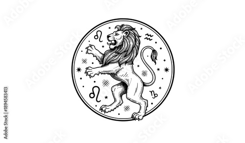 Minimal Leo zodiac sign lion engraving line art retro vector illustration