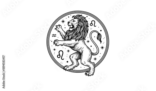 Zodiac sign Leo lion engraving illustration retro astrological vector design