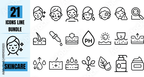 Skincare Line Icon Set  Beauty, Cosmetic and Skin Treatment Outline Symbols