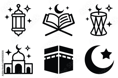 Islamic Icons: Lantern, Quran, Drum, Mosque, Kaaba, Crescent Moon and Star
