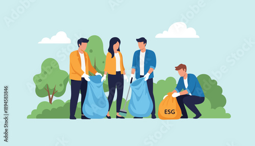 A group of diverse people volunteering to clean up a park, collecting trash into bags, demonstrating environmental responsibility and community engagement.