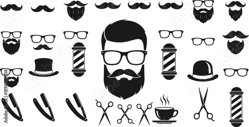 Barbershop Icons Set with Beard Mustache Glasses and Haircut Tools Vector