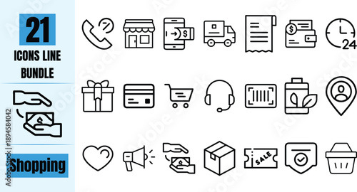 Shopping Line Icon Set – E-commerce, Retail, Payment and Customer Service Symbols