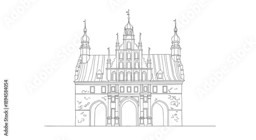 Symmetrical black and white line drawing of a historic European gatehouse or municipal building with three large arched entrances.
