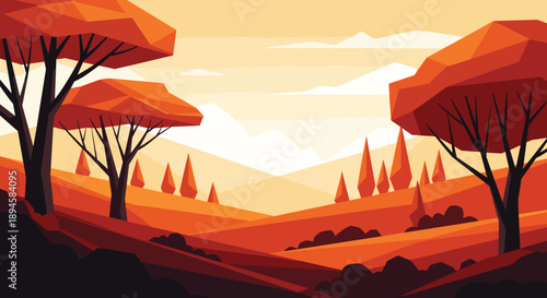 Beautiful autumn landscape in a low poly geometric style featuring orange and brown trees in a valley with mountains in the background.