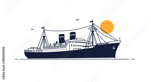 Graphic illustration of a large classic ocean liner ship sailing on the sea with a setting orange sun and seagulls in the distance.