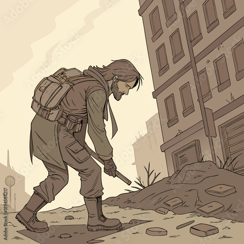 Lone Post-Apocalyptic Survivor in Ruined City Illustration