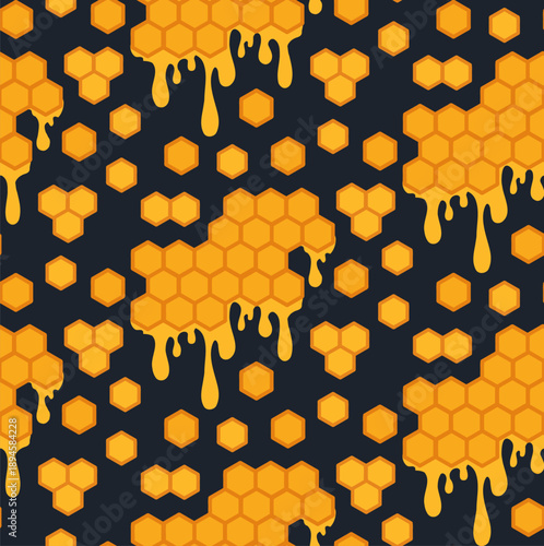 Seamless honeycomb pattern with dripping honey shapes on dark background. Sweet organic design for food packaging, beekeeping branding