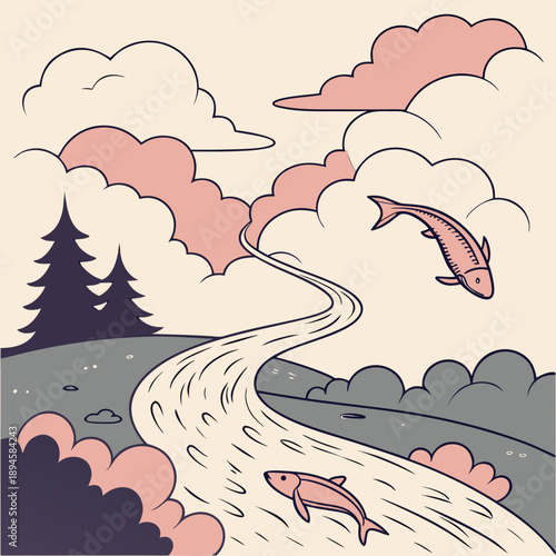 Surreal River Flowing Upwards into Sky Illustration
