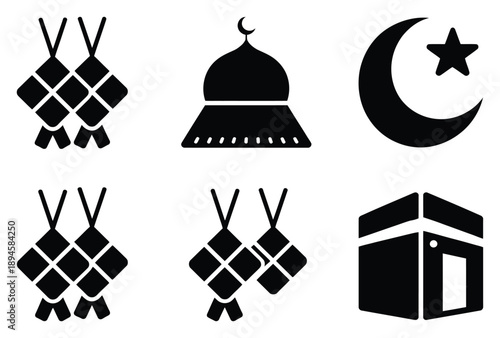 Islamic Symbols and Icons: Ketupat, Dome, Crescent Moon, and Kaaba