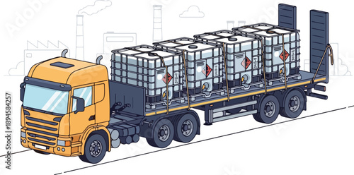 Truck transporting hazardous materials on highway, viewed from side angle, industrial scene, cargo containers on trailer, logistics operation in progress