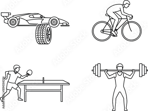 Sports activity line icons set, racing car cycling table tennis weightlifting illustrations, athletic fitness competition vector design collection