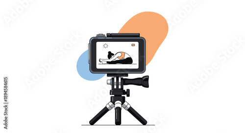 Digital camera mounted on a tripod recording a video of a woman practicing yoga in a forward fold pose for an online class or vlog.