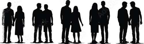 Couples silhouette illustration set showing men and women standing together, romantic relationships, partnership, love, and companionship concept isolated on white background for social and lifestyle 