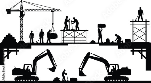 Construction site silhouette illustration with workers, crane, scaffolding, and excavators, industrial building process, teamwork, and heavy machinery activity concept isolated on white background