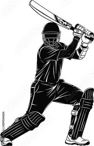 Cricket batsman in action stance holding bat, professional sports player silhouette illustration, dynamic batting pose, athletic competition concept, isolated black and white design