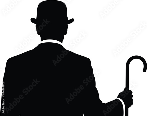 Elegant gentleman silhouette wearing bowler hat and holding cane, classic vintage man figure, old fashioned style, mystery and retro fashion concept isolated on white background