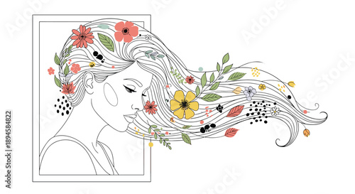 Elegant line art illustration of a woman in profile with colorful flowers and leaves blooming from her long flowing hair for beauty theme.