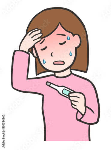 体温計を持ち、発熱している若い女性