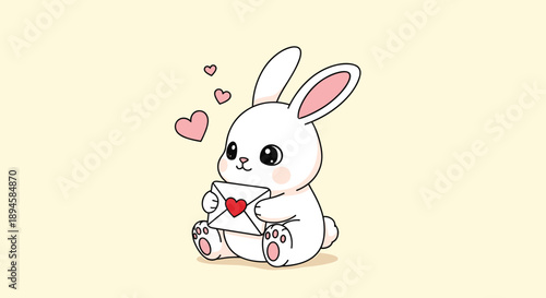 Adorable cartoon white bunny sitting and holding a white envelope with a red heart on it surrounded by floating pink hearts.