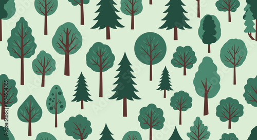 Seamless forest pattern featuring various stylized green deciduous and coniferous trees on a light sage green background for nature design.