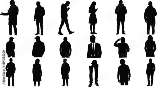 Black silhouettes of diverse people walking standing and sitting in various poses isolated on white background for urban lifestyle architectural visualization and minimalist vector design