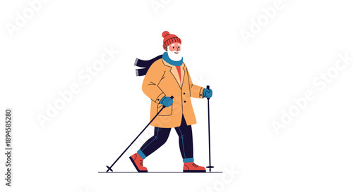 Active senior man with a white beard dressed in warm winter clothing practicing nordic walking with poles on a simple white background.