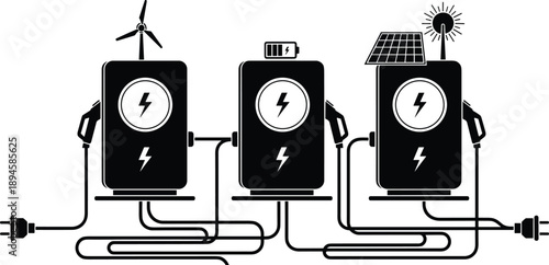 Renewable energy charging stations illustration, solar wind battery power system icons, clean electricity infrastructure vector design for sustainable technology concepts