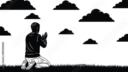 Black silhouette of a man kneeling and praying on grass under a cloudy sky, representing faith, spirituality, peace, and devotion.