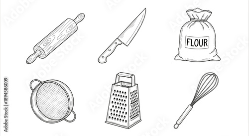 Kitchen baking tools and ingredients line illustration set with rolling pin, knife, flour bag, grater, sieve, and whisk