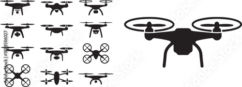 Drone  set silhouette vector icon  illustration with white background.