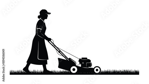 Black Silhouette of a Woman Using a Lawn Mower on Grass, Minimalist Landscaping and Garden Maintenance Vector Illustration Isolated on White