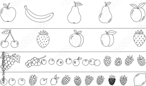 Hand drawn fruit icons set with apples, bananas, pears, cherries, strawberries, grapes, blueberries, raspberries, and citrus