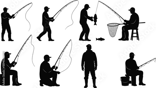 Fishing activity silhouette set featuring anglers casting rods, catching fish, standing and sitting poses, recreational fishing scenes, outdoor hobby icons isolated on white background