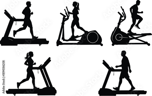 Gym Fitness Equipment Silhouette Set Showing Men and Women Running, Walking, and Training on Treadmill and Elliptical Machines, Workout Exercise Vector Illustration