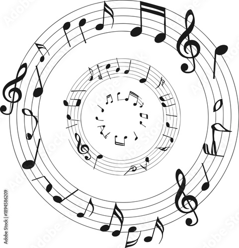 Circular music notes illustration with treble clefs and staff lines, artistic black and white sound concept