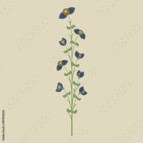 Cute blooming branch with blue flowers. Fantastic floral motif. Vintage style. 