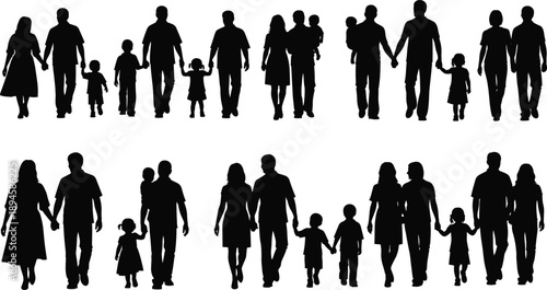 Happy family silhouette collection showing parents and children walking together, diverse family groups holding hands, love, parenting, and togetherness concept isolated on white background