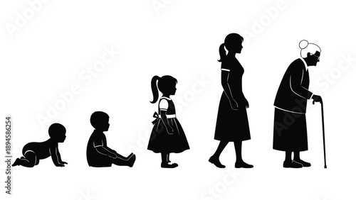 Black silhouette of female life cycle from baby crawling to elderly woman with walking stick, aging process, human development, and growth concept on white.